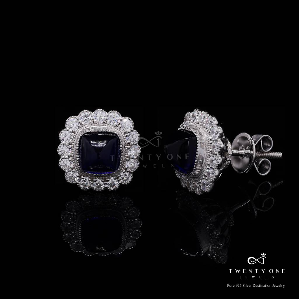 Premium Hydro Blue Sapphire Cabochon Tara Stud Earrings With Premium Screw Backs On Pure 925 Silver : TE2333