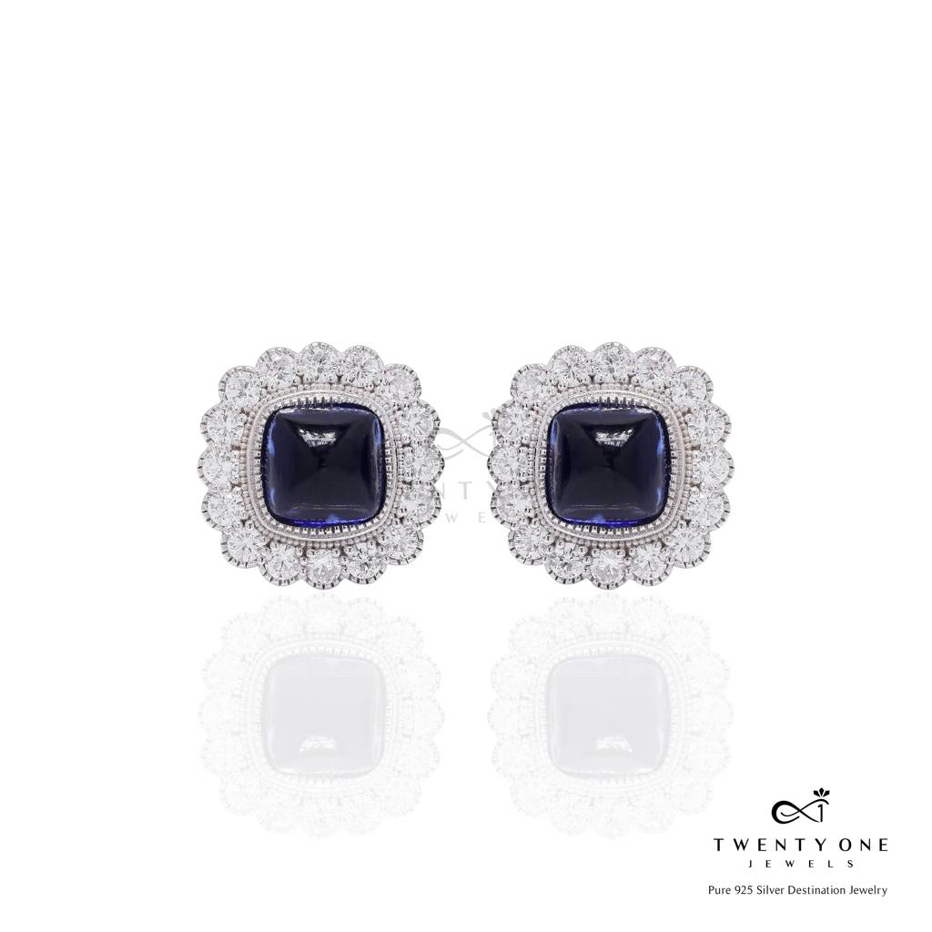 Premium Hydro Blue Sapphire Cabochon Tara Stud Earrings With Premium Screw Backs On Pure 925 Silver : TE2333