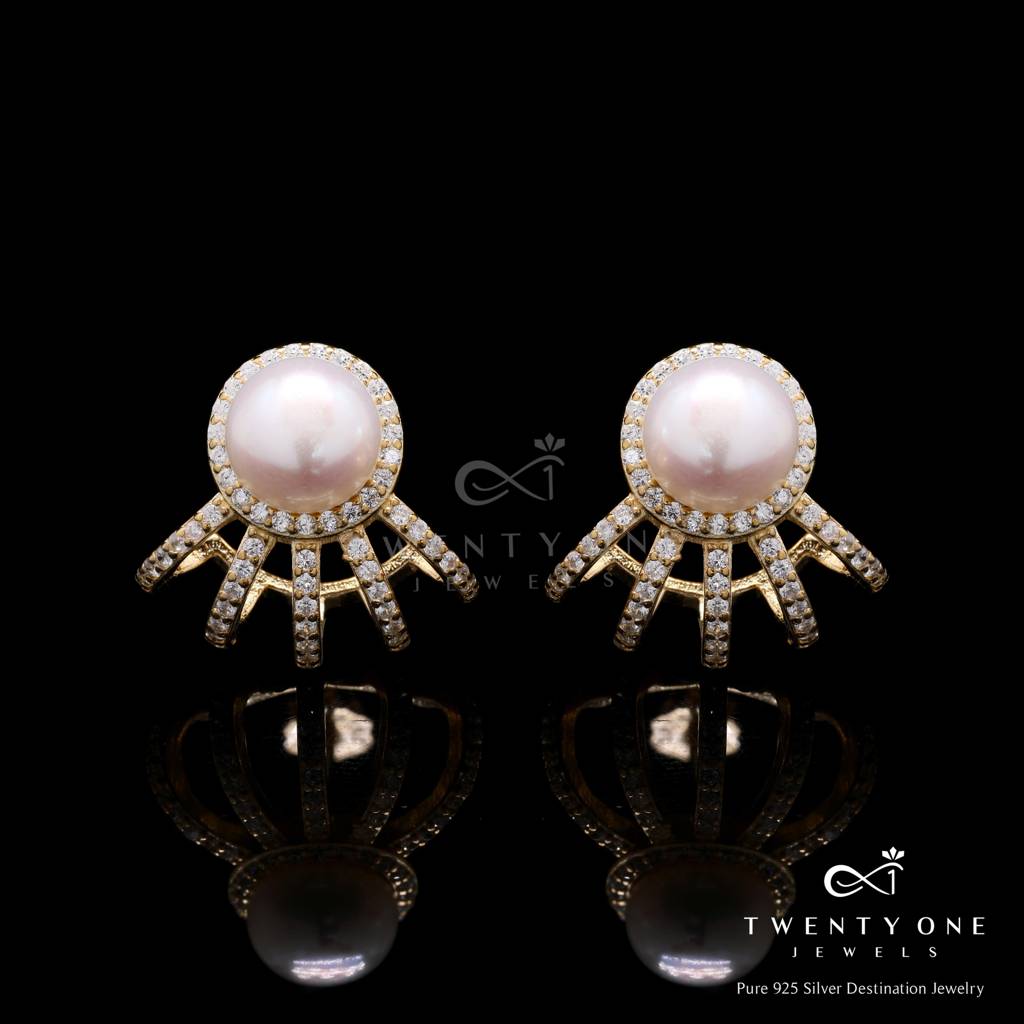 Fresh Water Pearl Crown Earrings On Pure 925 Silver (Gold Finish) : TE2357