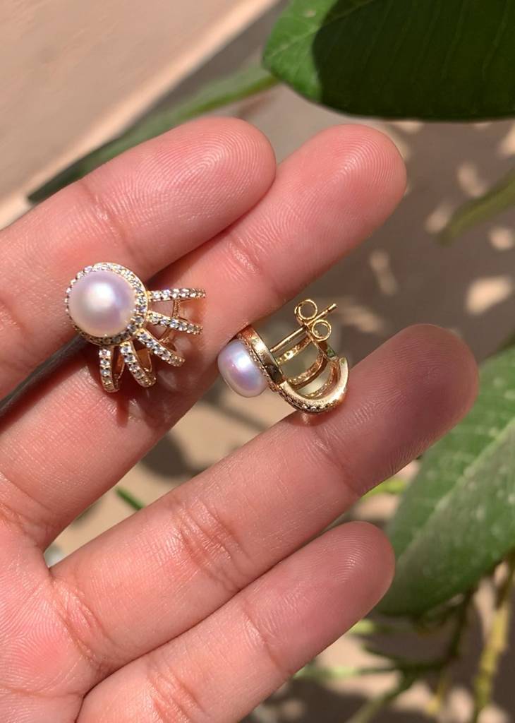 Fresh Water Pearl Crown Earrings On Pure 925 Silver (Gold Finish) : TE2357