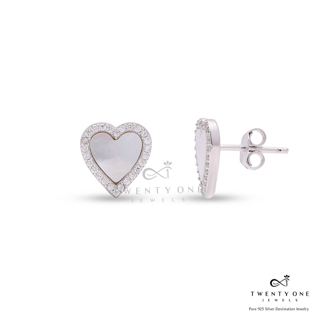 Exclusive White Enamel Heart Studs With Diamond Border On Pure 925 Silver : TE2362
