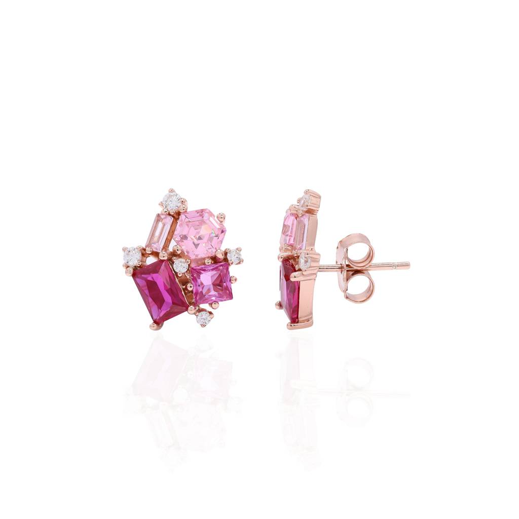 Premium Multi Shape Diamond Rose Gold Finish Pink Party Giva Stud Earrings On Pure 925 Silver : TE2363
