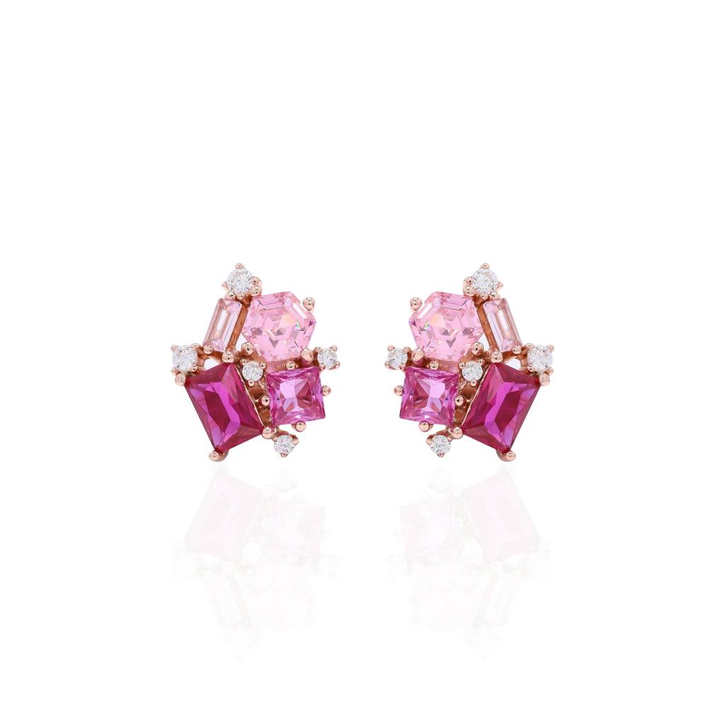 Premium Multi Shape Diamond Rose Gold Finish Pink Party Giva Stud Earrings On Pure 925 Silver : TE2363