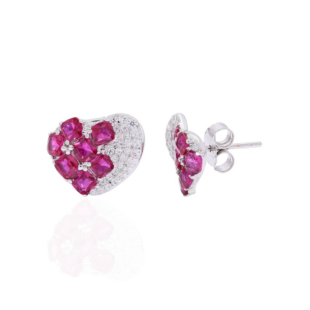 Italian Pave Setting Curvy Heart Bella Stud With Sugar Loaf Rubies On Pure 925 Silver : TE2365