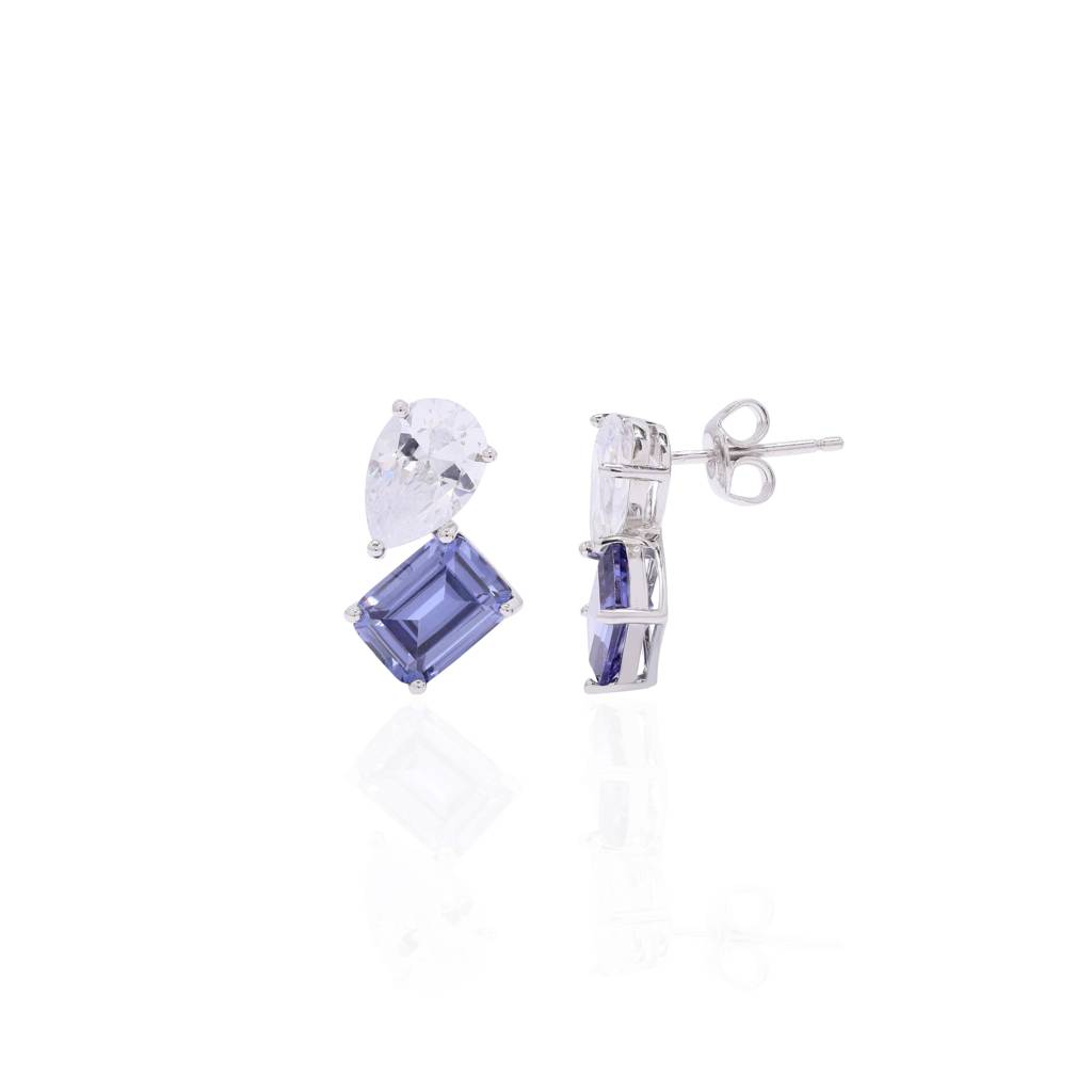 Premium Drop And Emerald Cut Blue Sapphire Solitaire Valleta Stud Earring On Pure 925 Silver : TE2369