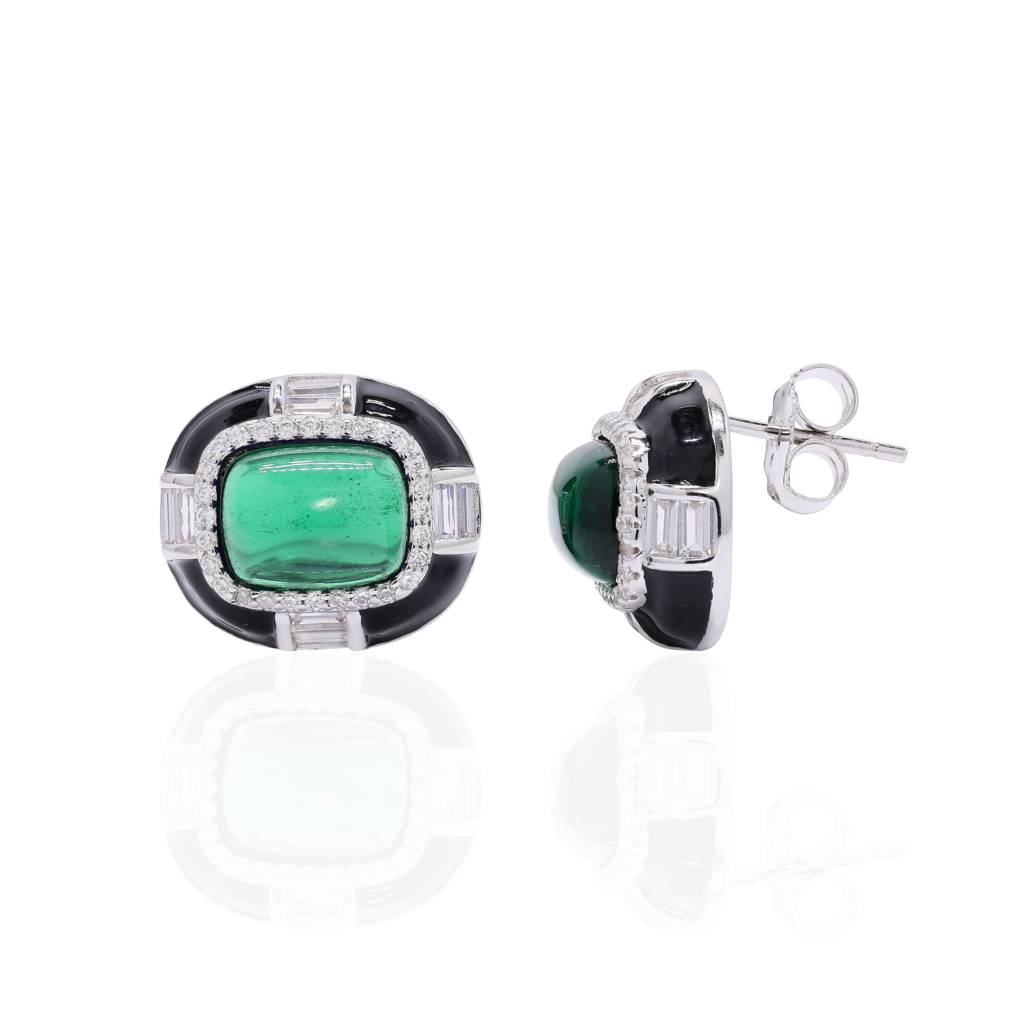 Ultra Premium Emerald Cabochon Black Onyx Stud Earrings On Pure 925 Silver : TE2371