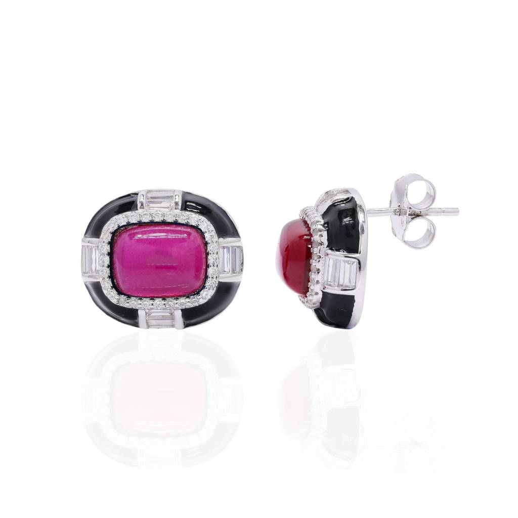 Ultra Premium Ruby Cabochon Black Onyx Stud Earrings On Pure 925 Silver : TE2372