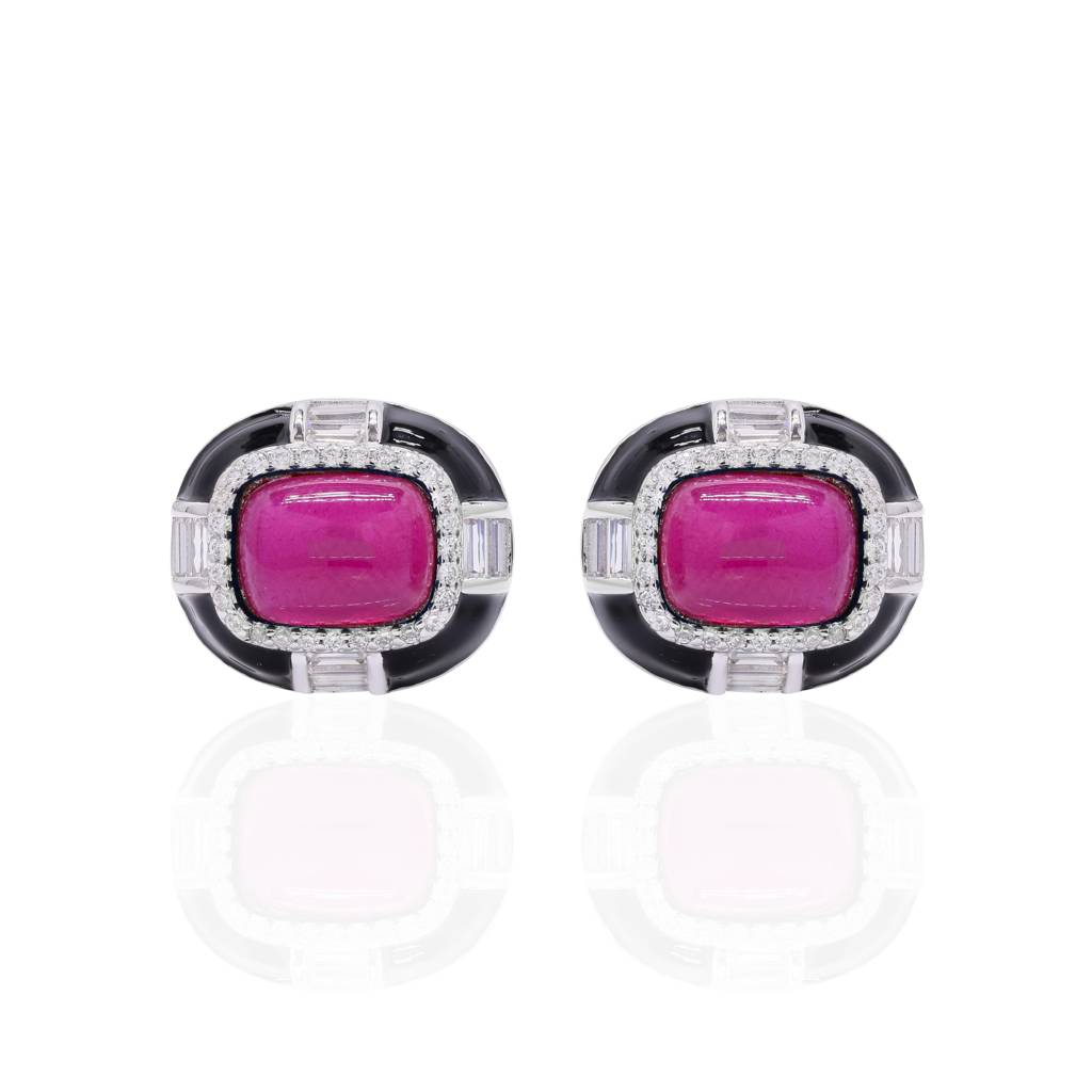 Ultra Premium Ruby Cabochon Black Onyx Stud Earrings On Pure 925 Silver : TE2372
