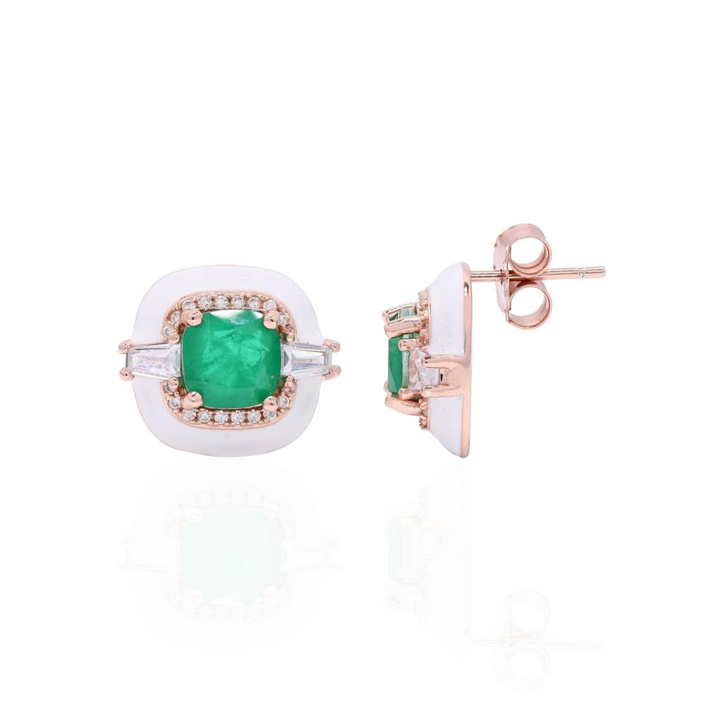 Ultra Premium Emerald Cabochon White Onyx Stud Earrings On Pure 925 Silver : TE2376