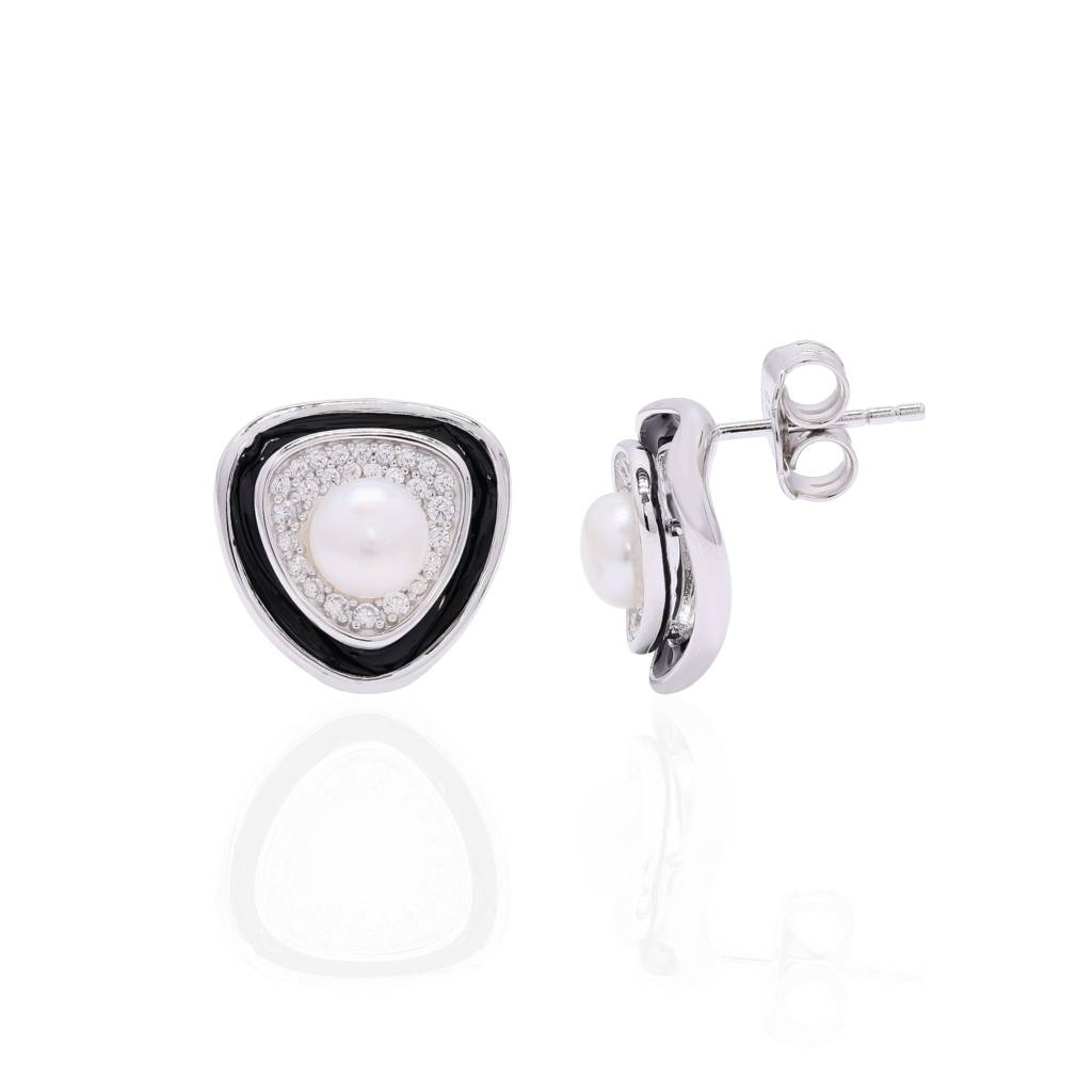 Premium Fresh Water Pearl Ziva Stud Earrings With Black Enamelling On Pure 925 Silver. : TE2383
