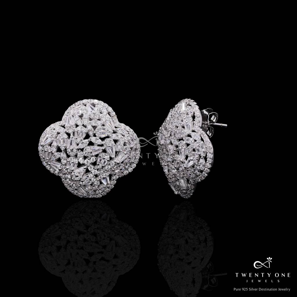 Premium Taper And And Baguette Diamond Clovia Stud Earrings On Pure 925 Silver : TE2385
