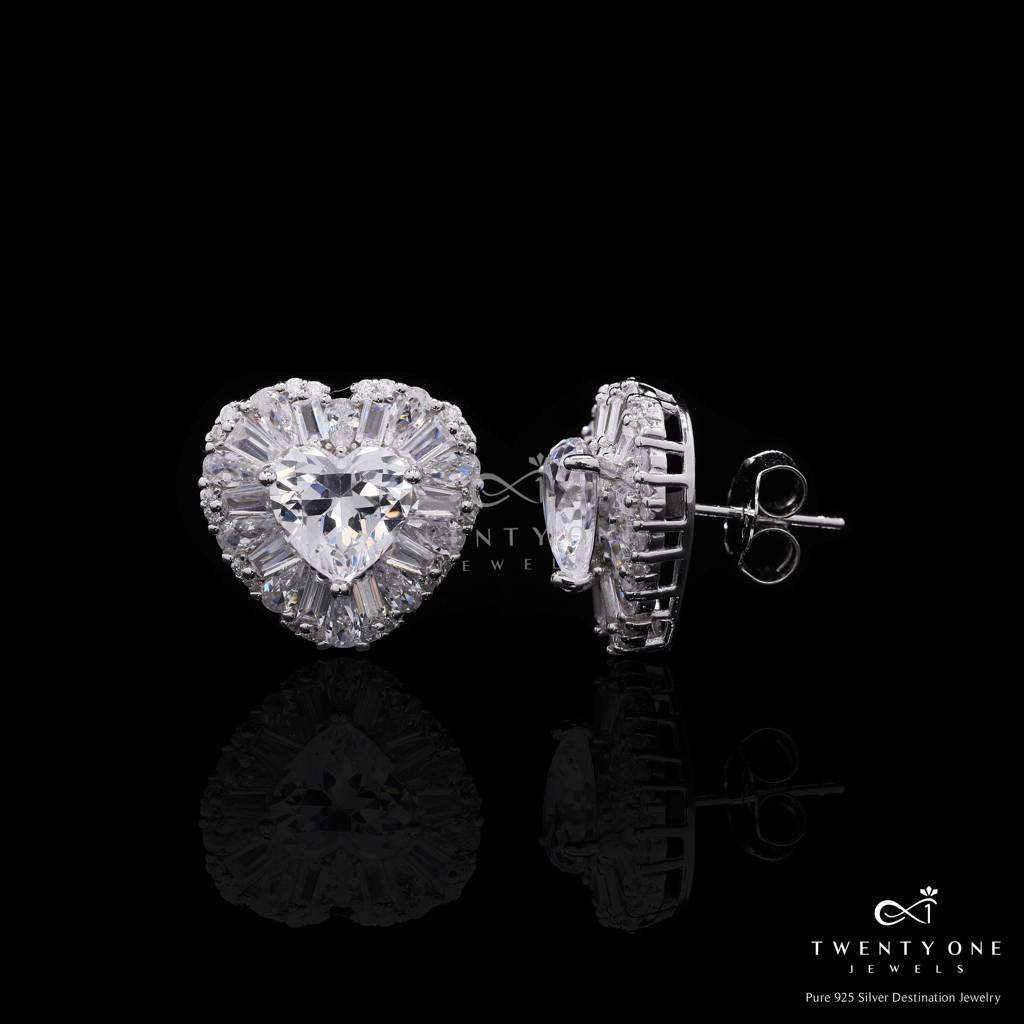 Ultra Premium 3 Carat Heart Solitaire Stud Earrings With American Diamond Baguettes On Pure 925 Silver : TE2400