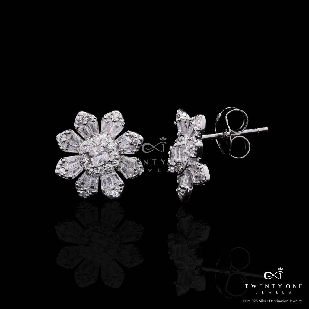 Premium Petite Floral Vito Studs With American Diamond Baguettes On Pure 925 Silver : TE2404