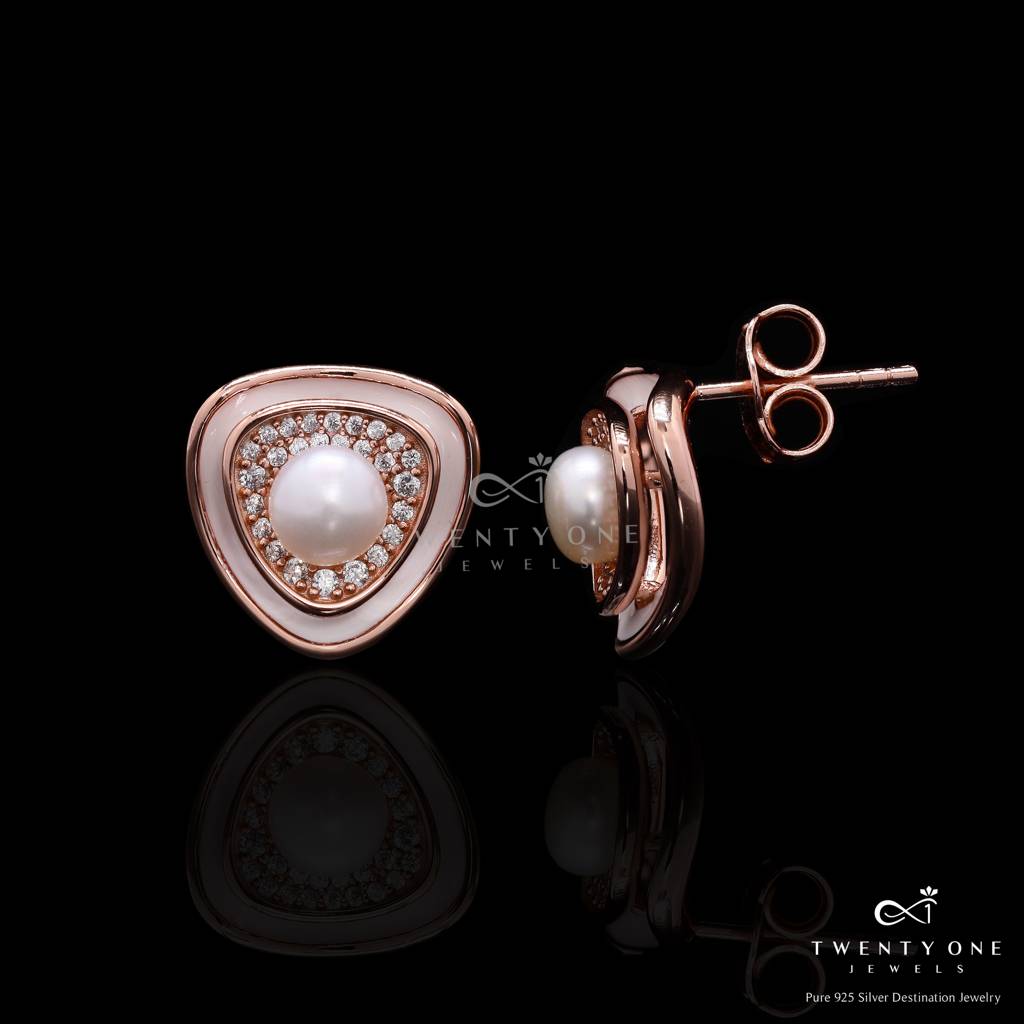 Premium Rose Gold Finish Fresh Water Pearl Ziva Stud Earrings With White Enamelling On Pure 925 Silver. : TE2405