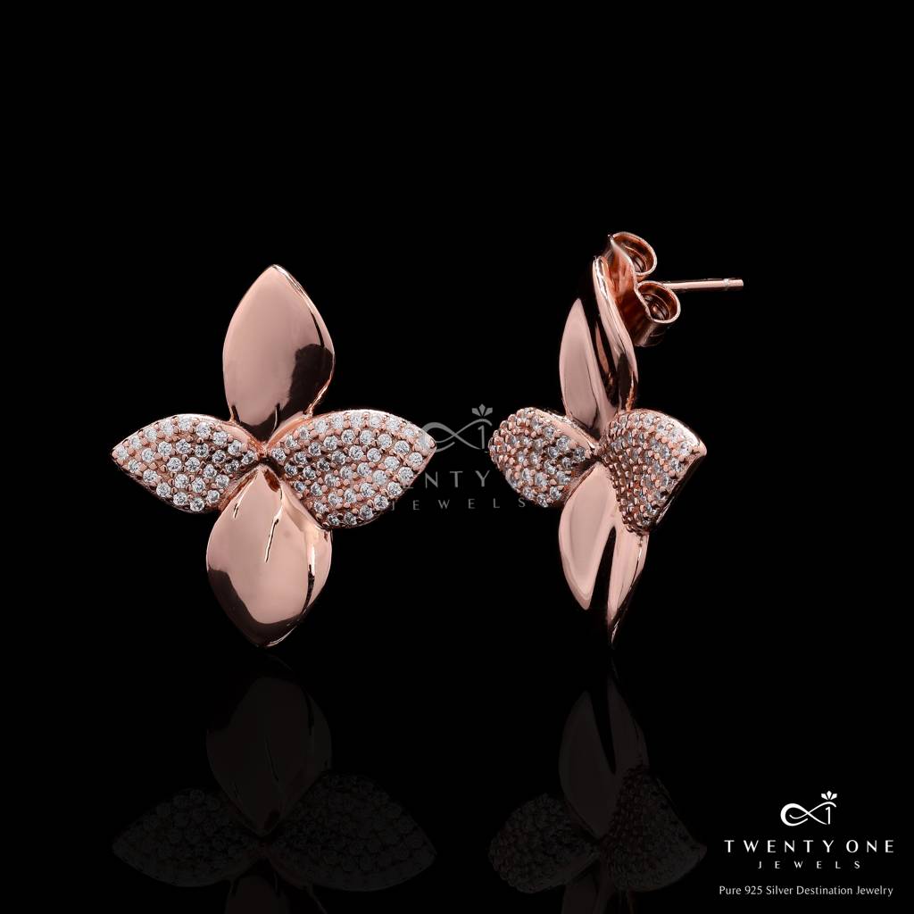Ultra Premium Rose Gold Finish American Diamond Studded Quirky Flower Stud Earrings On Pure 925 Silver : TE2413