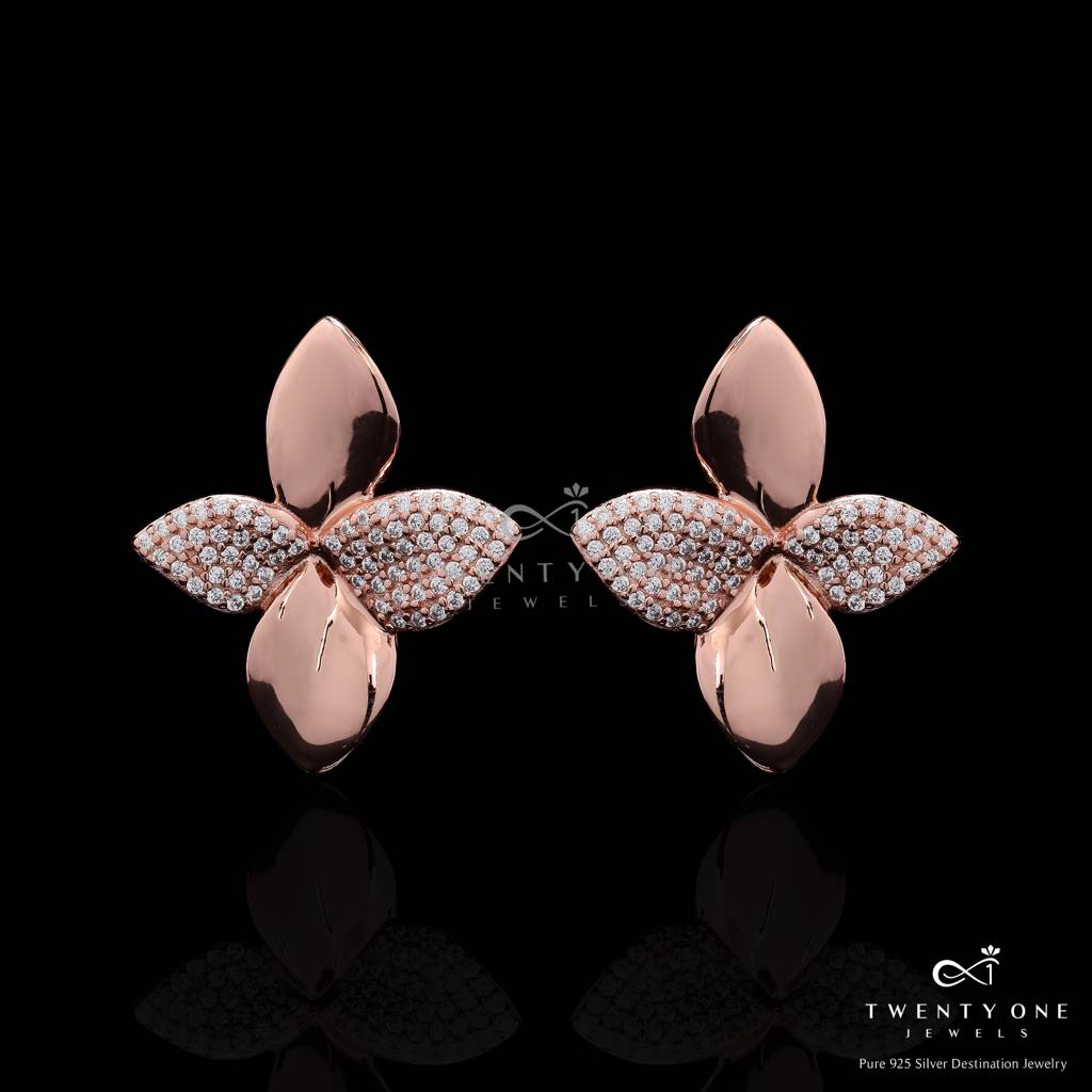 Ultra Premium Rose Gold Finish American Diamond Studded Quirky Flower Stud Earrings On Pure 925 Silver : TE2413