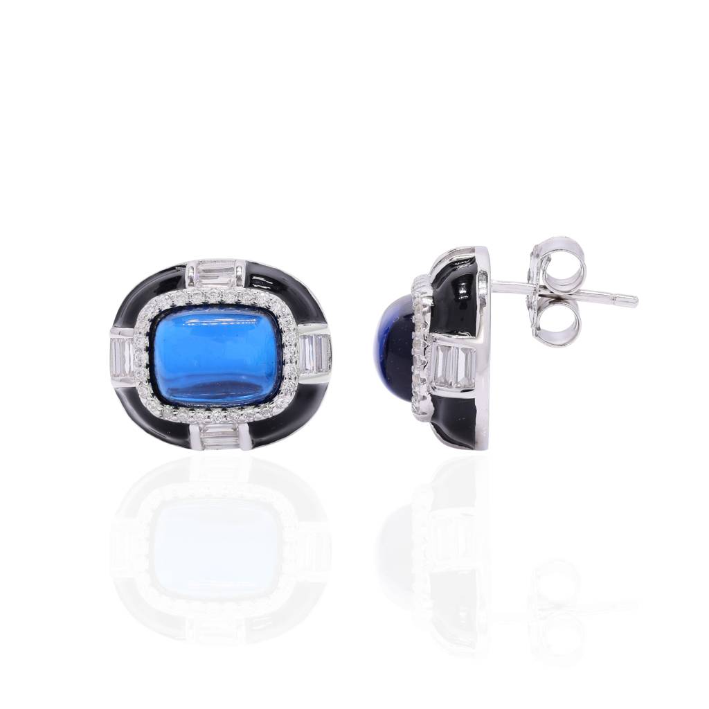 Ultra Premium Blue Crystal Cabochon Black Onyx Stud Earrings On Pure 925 Silver : TE2414