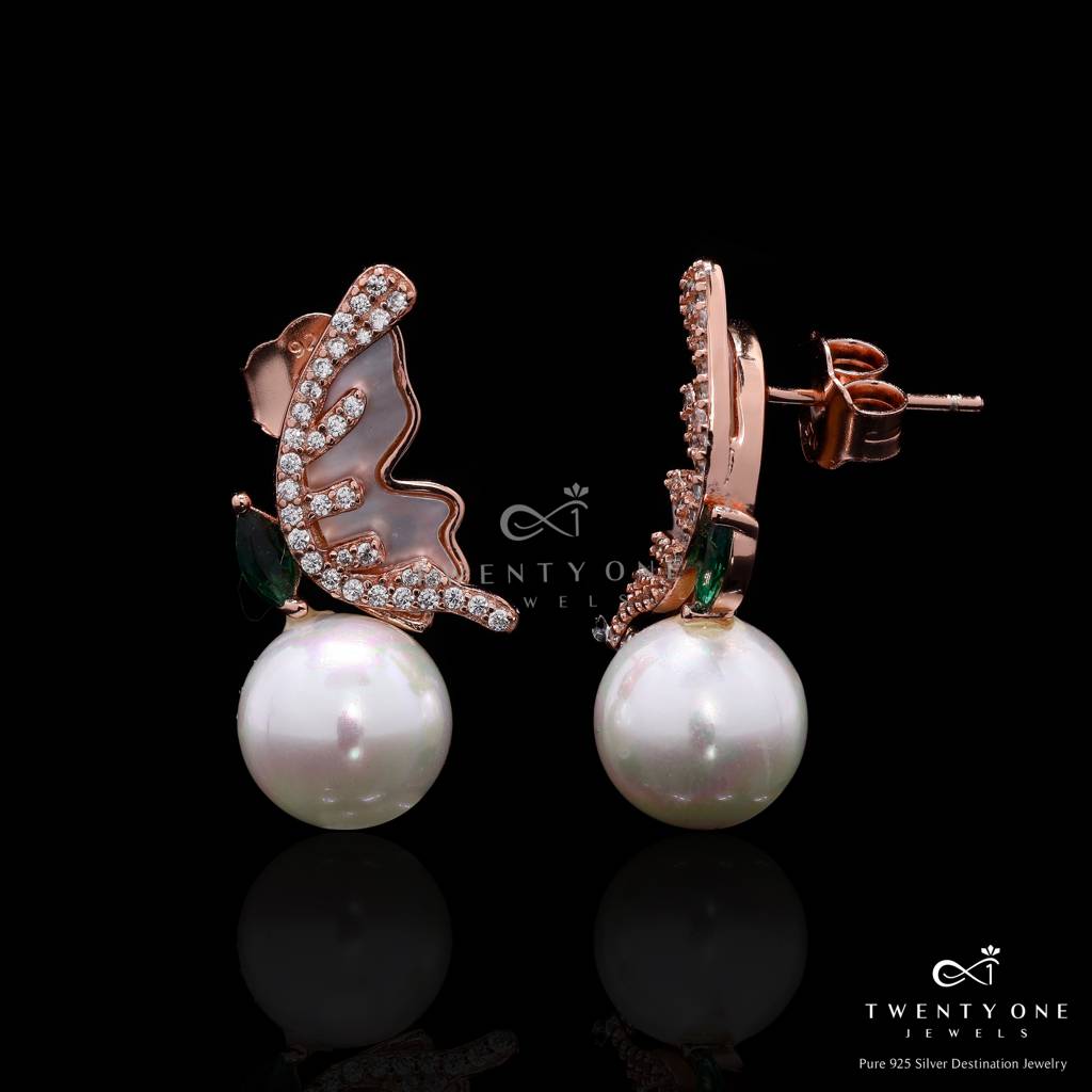 Ultra Premium Fresh Water Pearl Cocktail Stud Earrings With Mop And Green Emerald Marquise Detailing On Pure 925 Silver : TE2415