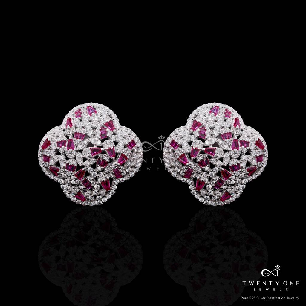 Ultra Premium Cluster Clovia Stud Earrings With Ruby And American Diamond Taper Diamonds On Pure 925 Silver : TE2416
