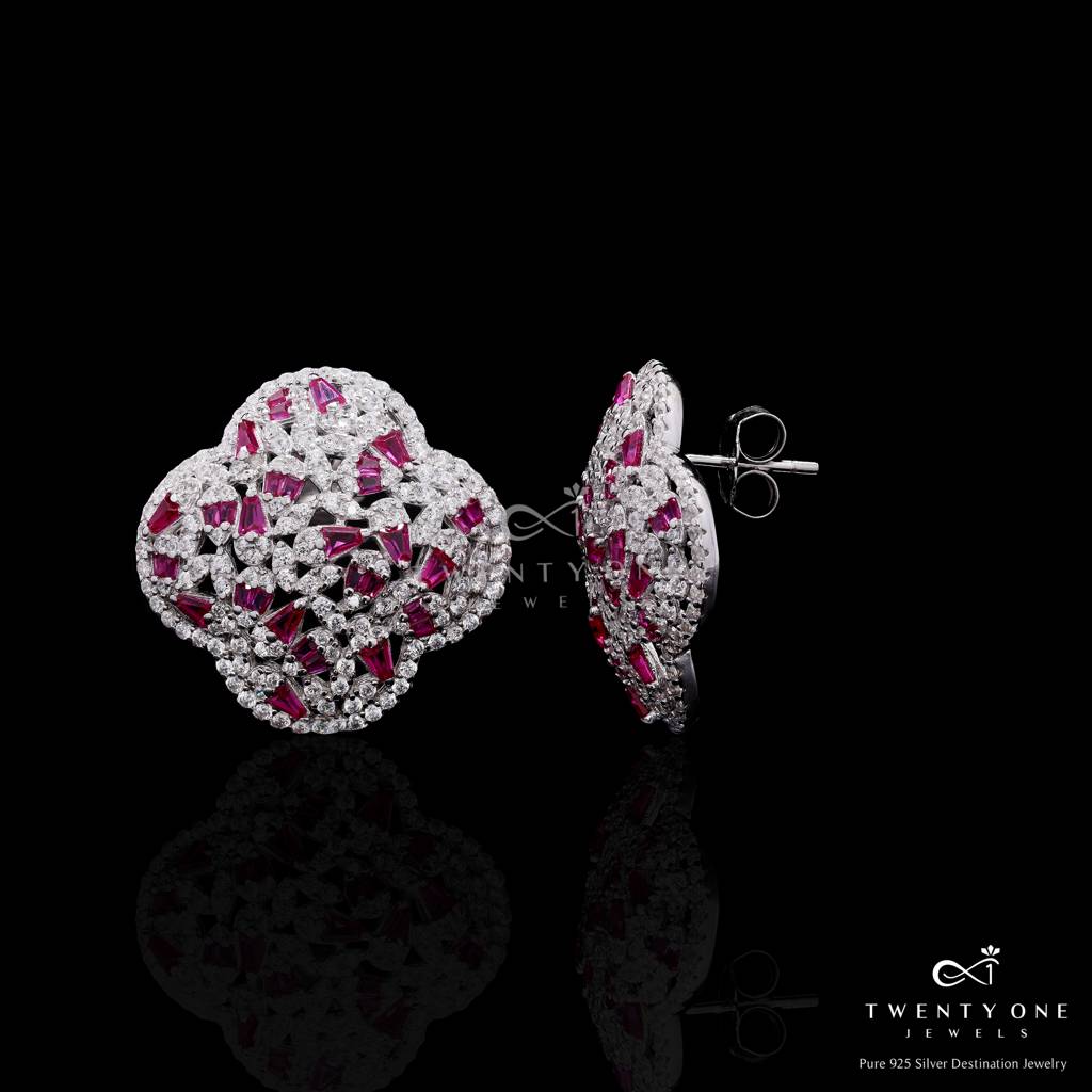 Ultra Premium Cluster Clovia Stud Earrings With Ruby And American Diamond Taper Diamonds On Pure 925 Silver : TE2416