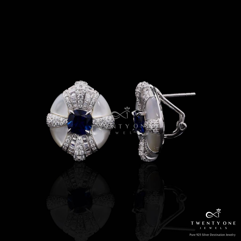 Ultra Premium Mother Of Pearl Italian Setting Blue Sapphire Statement Stud Earrings On Pure 925 Silver : TE2417