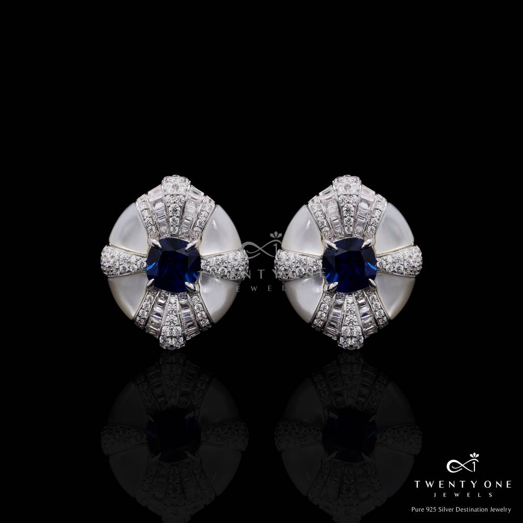 Ultra Premium Mother Of Pearl Italian Setting Blue Sapphire Statement Stud Earrings On Pure 925 Silver : TE2417