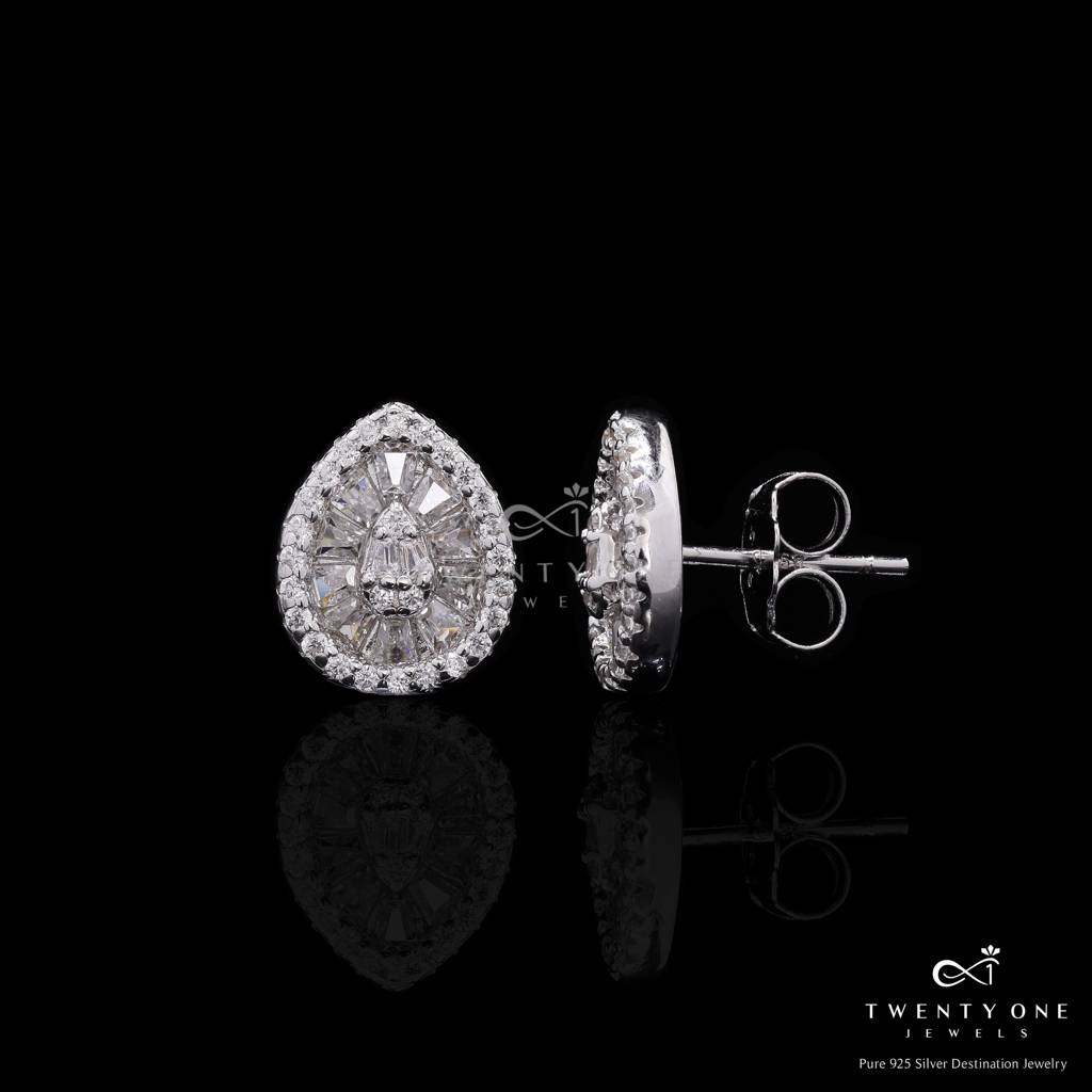 Premium Drop Shaped American Diamond Baguette Nora Stud Earrings On Pure 925 : TE2421