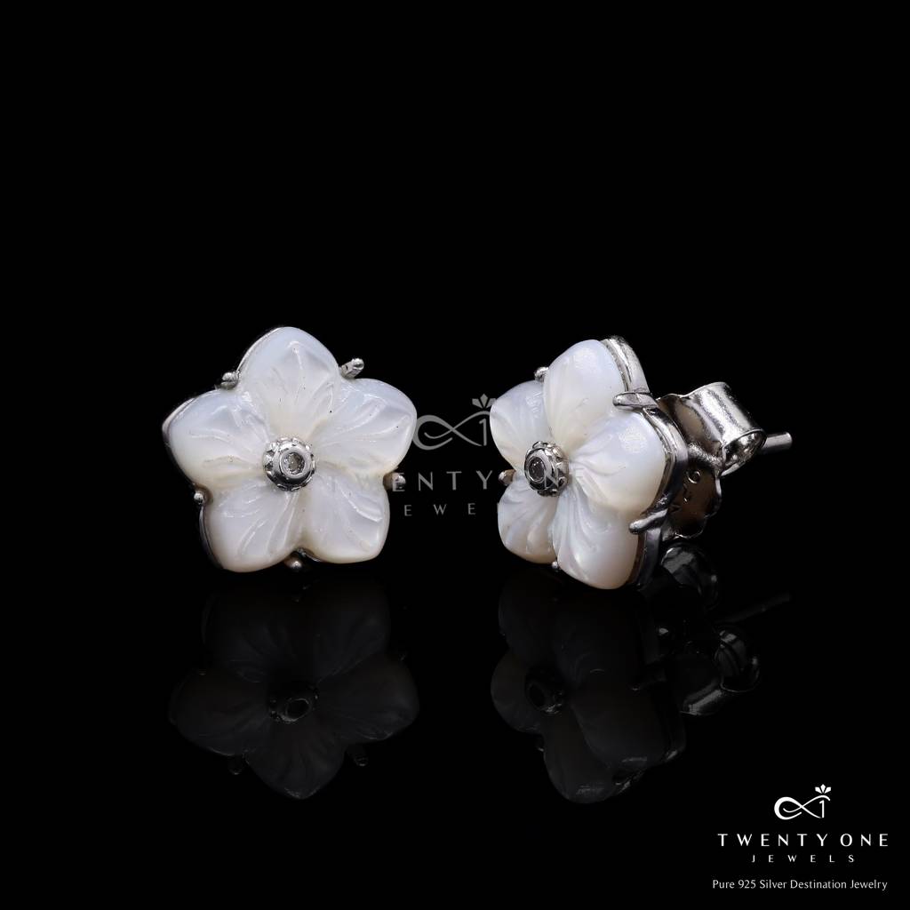 Mother Of Pearl Carved Floral Stud Earrings On Pure 925 Silver : TE2422