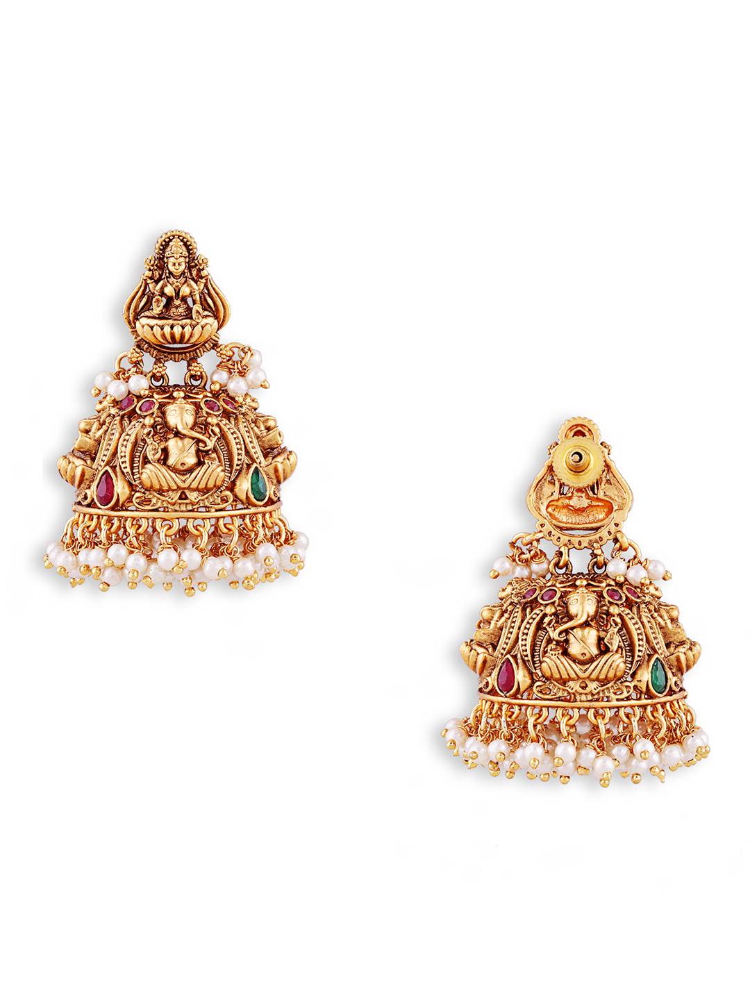 Gold Plated Antique South Indian Kemp Stone Studded Earrings : TEBoxTGaneshLaxmiEarring