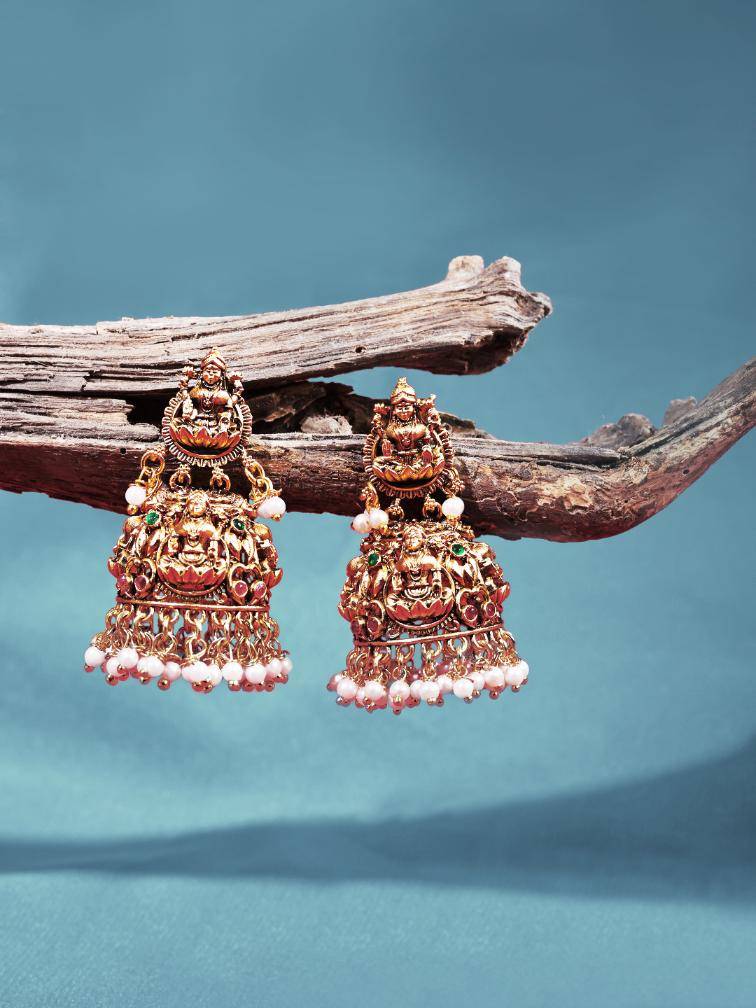 Gold Plated Antique South Indian Kemp Stone Studded Earrings : TEBoxTGaneshLaxmiEarring