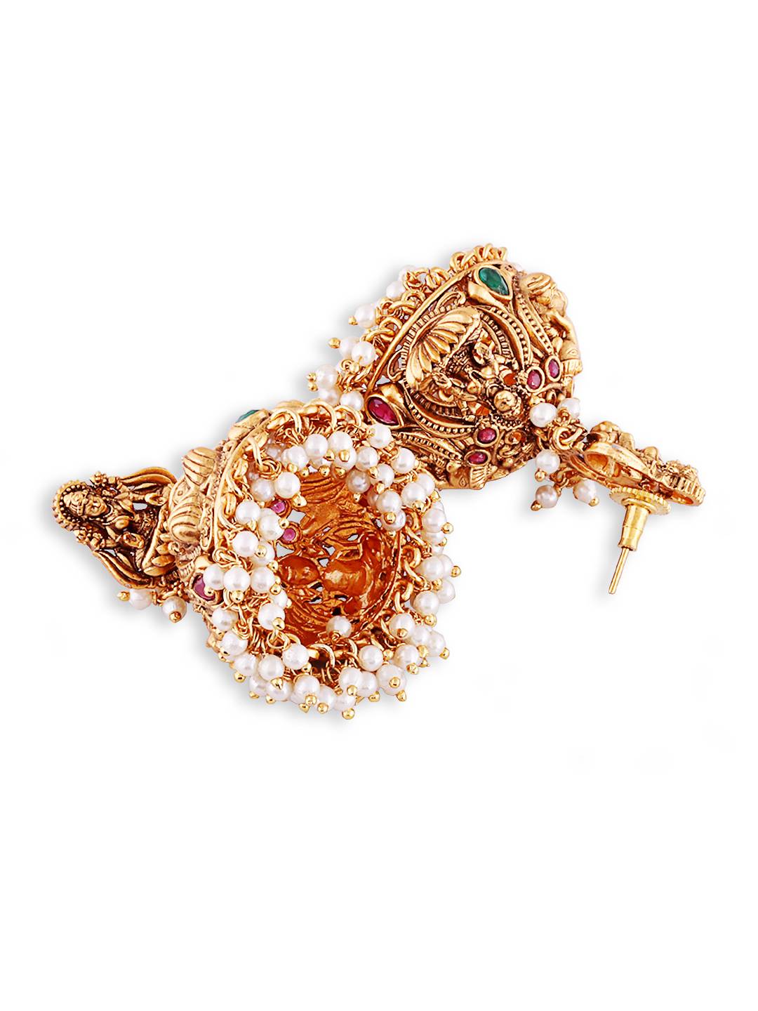 Gold Plated Antique South Indian Kemp Stone Studded Earrings : TEBoxTGaneshLaxmiEarring