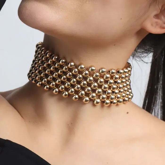 Tfc Bold Bead Mesh Gold Plated Choker Necklace : 20254