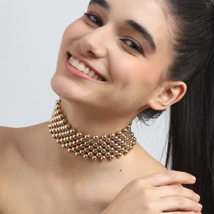 Tfc Bold Bead Mesh Gold Plated Choker Necklace : 20254