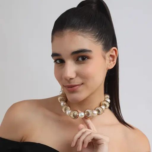 Tfc Medium Vortex Bold Bead And Pearl Statement Gold Plated Necklace : 20185