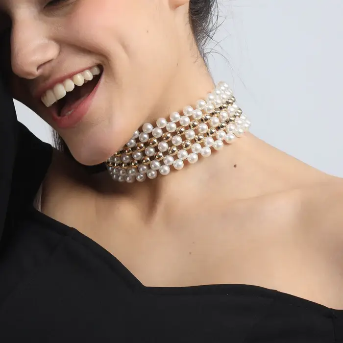 Tfc Pearl Mesh With Double Bold Bead Gold Plated Choker Necklace : 20252