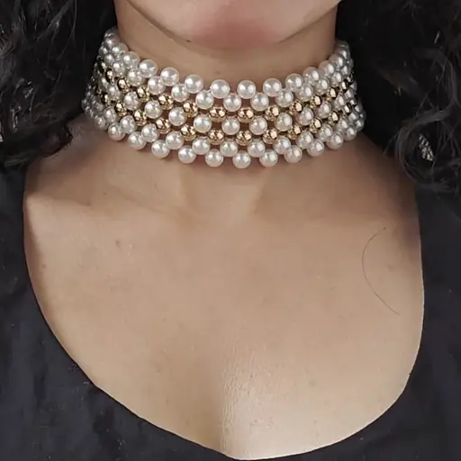 Tfc Pearl Mesh With Double Bold Bead Gold Plated Choker Necklace : 20252