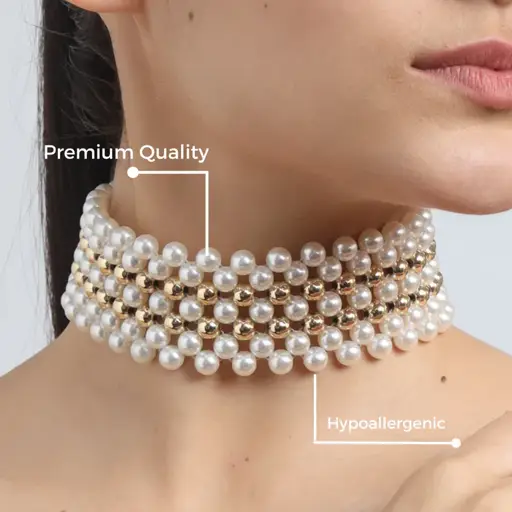 Tfc Pearl Mesh With Double Bold Bead Gold Plated Choker Necklace : 20252