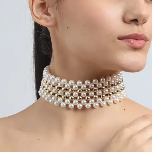 Tfc Pearl Mesh With Double Bold Bead Gold Plated Choker Necklace : 20252