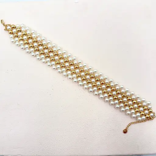 Tfc Pearl Mesh With Double Bold Bead Gold Plated Choker Necklace : 20252