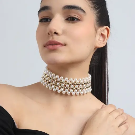 Tfc Pearl Mesh With Double Bold Bead Gold Plated Choker Necklace : 20252