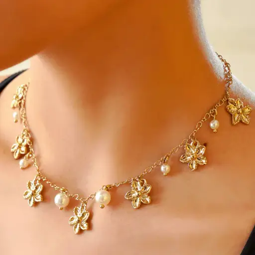 Tfc Playful Pearls And Flowers Gold Plated Necklace : 20011