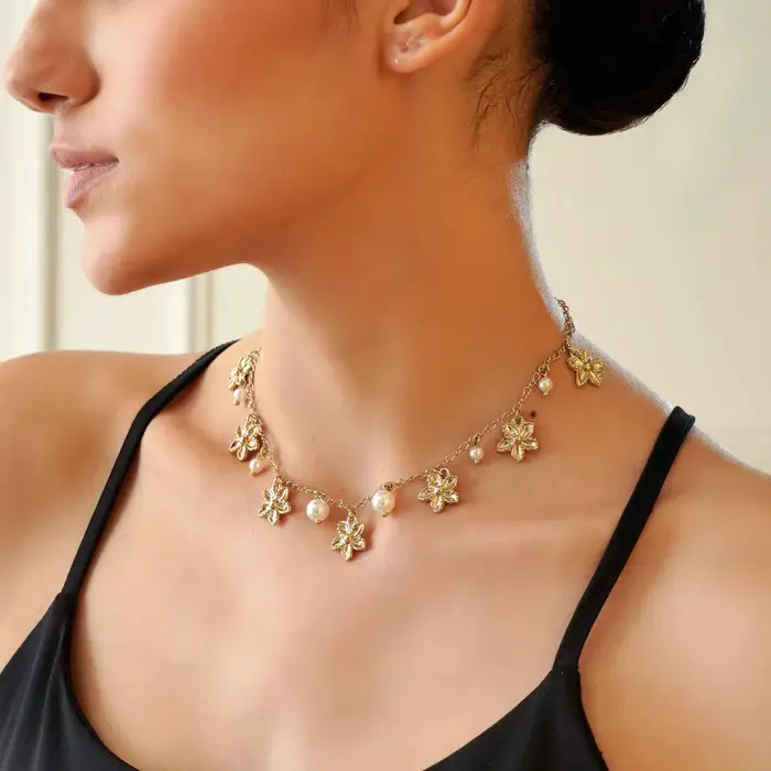 Tfc Playful Pearls And Flowers Gold Plated Necklace : 20011