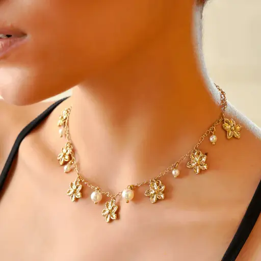 Tfc Playful Pearls And Flowers Gold Plated Necklace : 20011