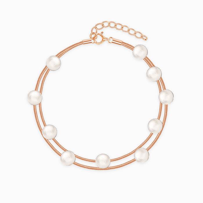 925 Silver Rose Gold Pearl Station Bracelet, Adjustable | Gifts For Women And Girls : TLBR099