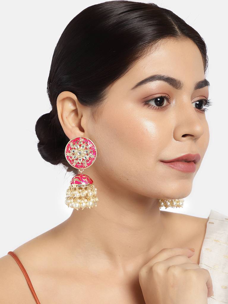 Pink & Gold-Plated Enamelled Stone-Studded Dome Shaped Jhumkas : TMED20191
