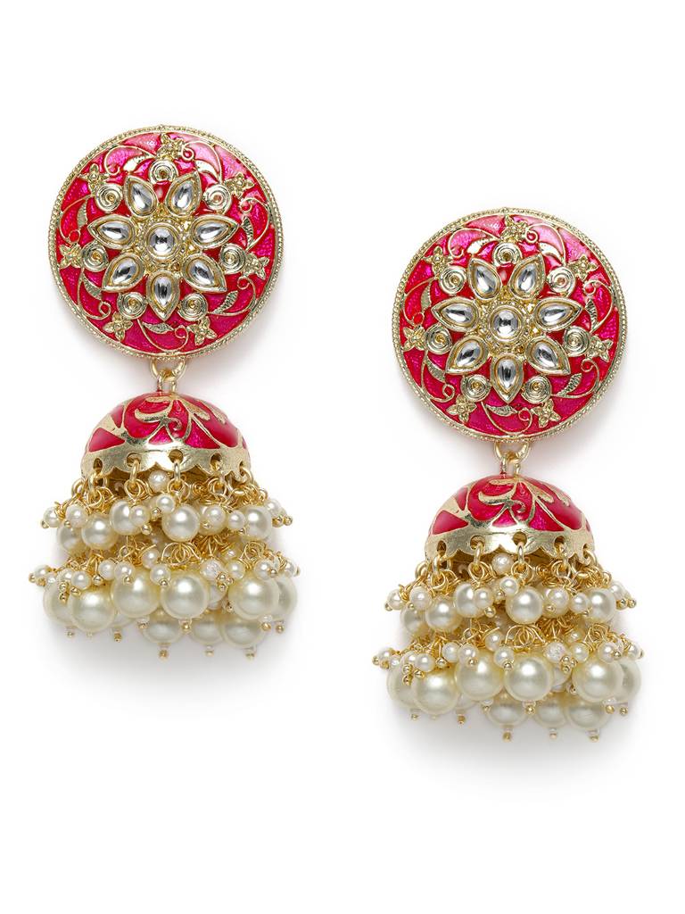 Pink & Gold-Plated Enamelled Stone-Studded Dome Shaped Jhumkas : TMED20191
