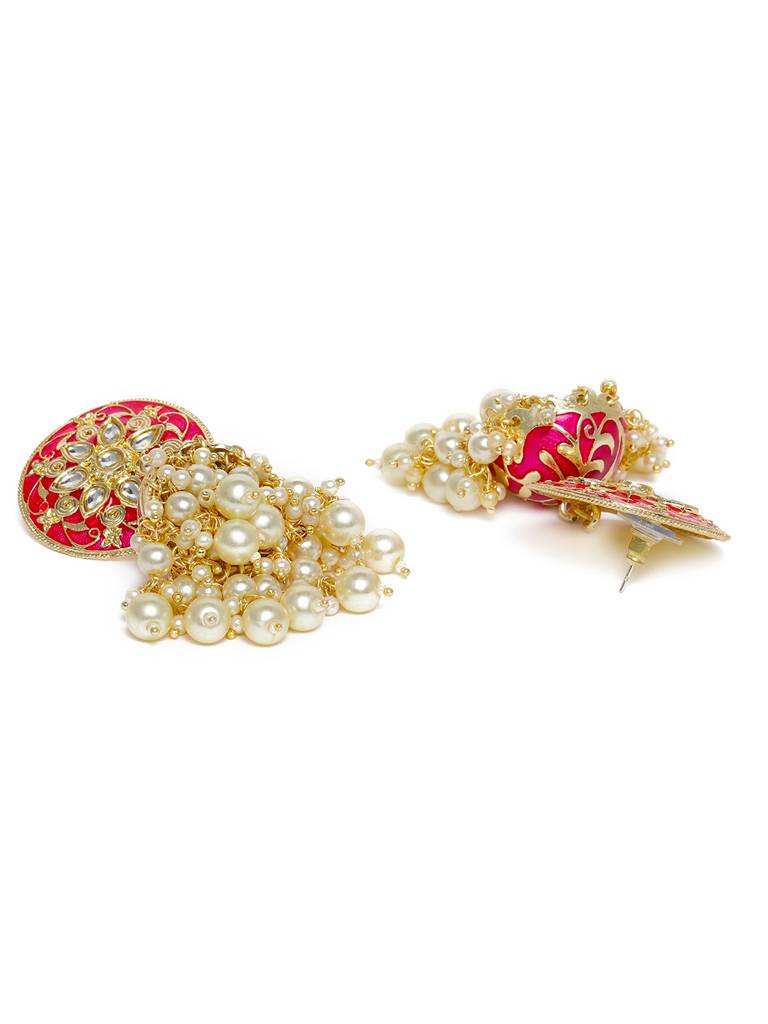 Pink & Gold-Plated Enamelled Stone-Studded Dome Shaped Jhumkas : TMED20191
