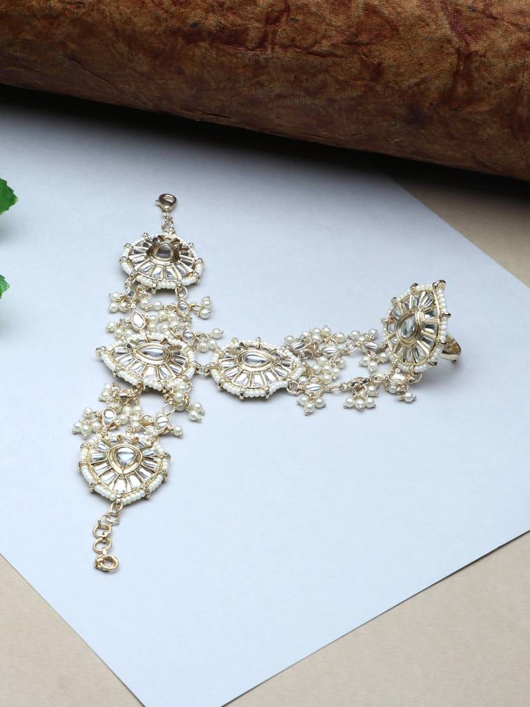 Women Gold-Plated Kundan & Pearl Studded Ring Bracelet : TMHC20946