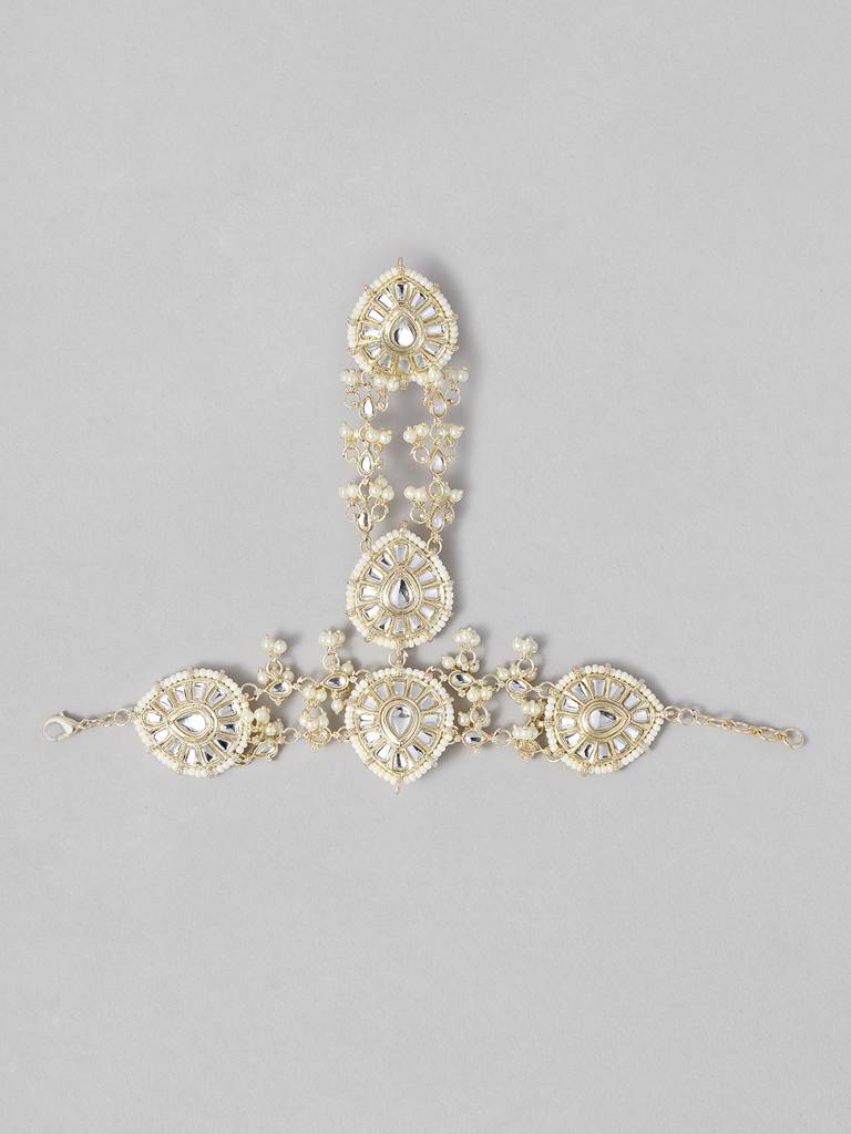 Women Gold-Plated Kundan & Pearl Studded Ring Bracelet : TMHC20946