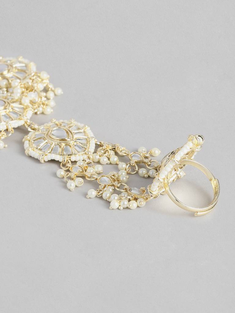 Women Gold-Plated Kundan & Pearl Studded Ring Bracelet : TMHC20946